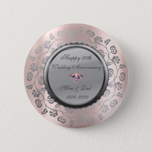 Silver Floral Rose Gold 50th Wedding Anniversary Button