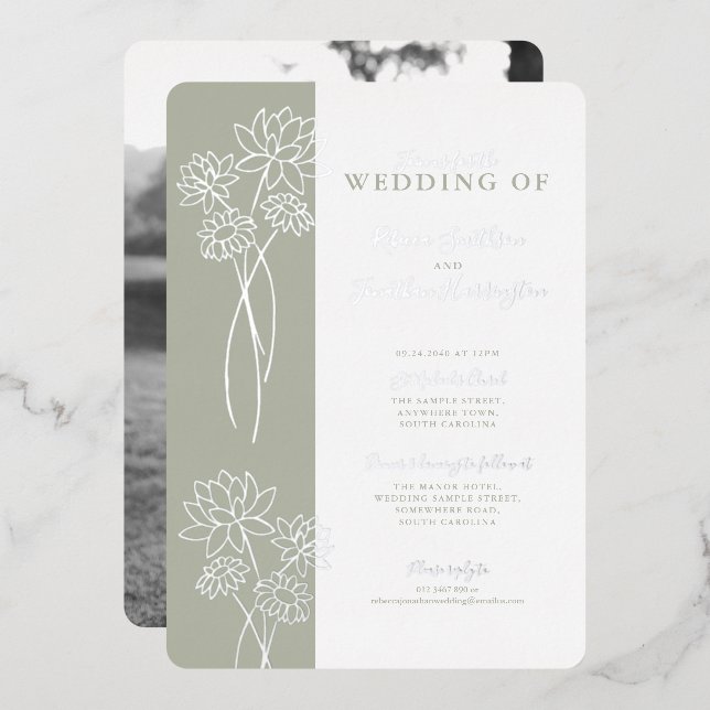Silver Floral Sage Green Wedding Foil Invitation (Front/Back)