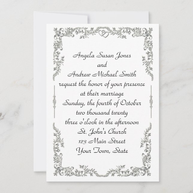 Silver Floral Scroll Border Invitation (Front)