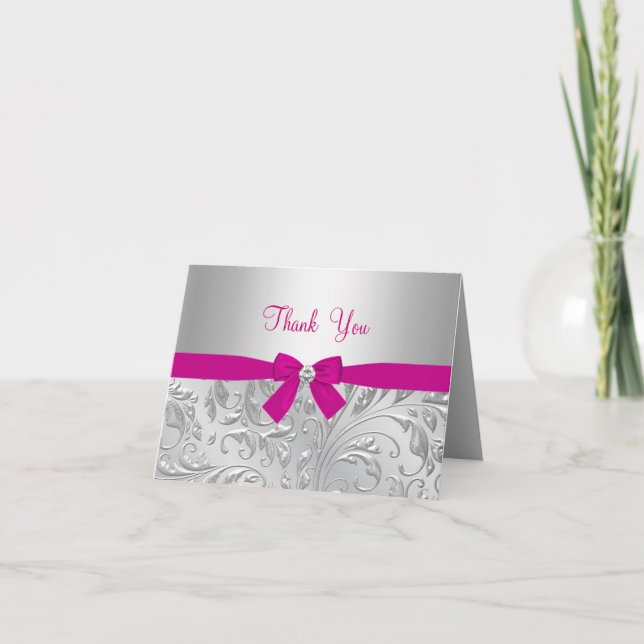 Silver Floral Swirl & Bow pink Thank You Card (Front)