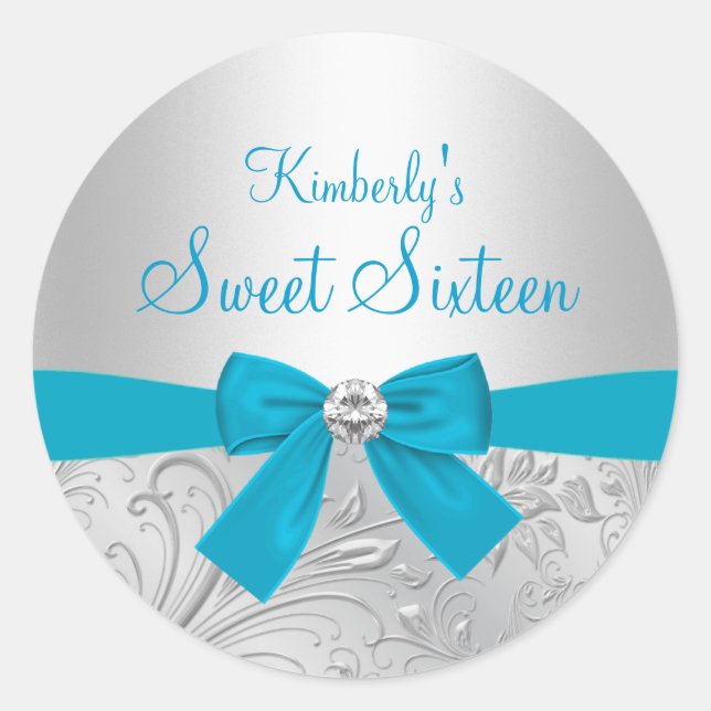 Silver Floral Swirl & Bow Sweet Sixteen Sticker (Front)