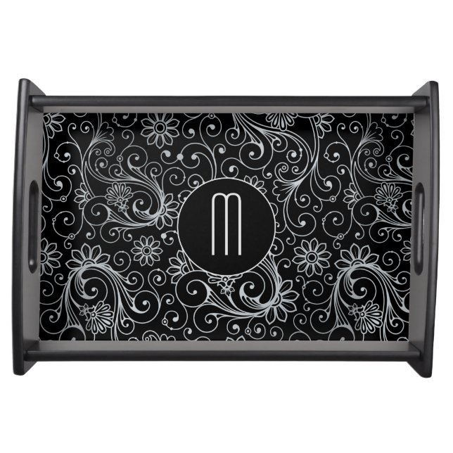 Silver Floral Swirl Monogram on Black Serving Tray (Front)