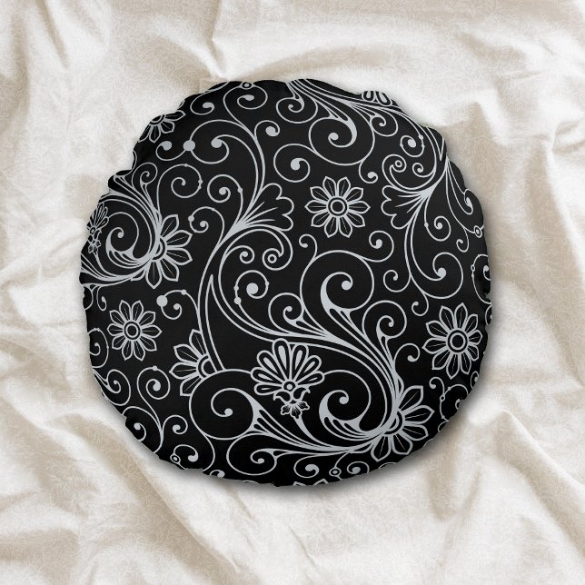 Silver Floral Swirl on Black Round Pillow (Creator Uploaded)