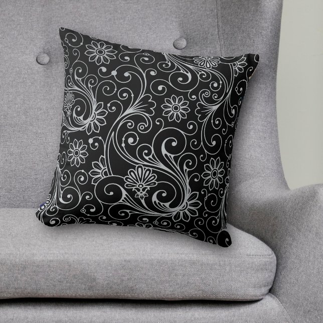 Silver Floral Swirl on Black Throw Pillow (Creator Uploaded)