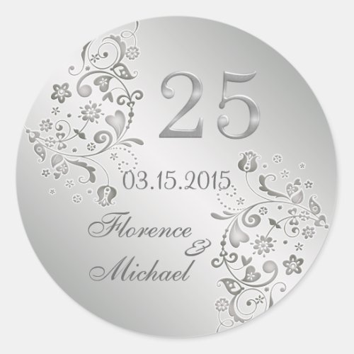 Silver floral swirls 25th Wedding Anniversary Classic Round Sticker