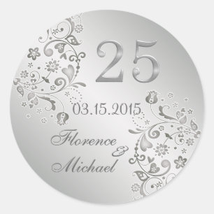 Silver floral swirls 25th Wedding Anniversary Classic Round Sticker