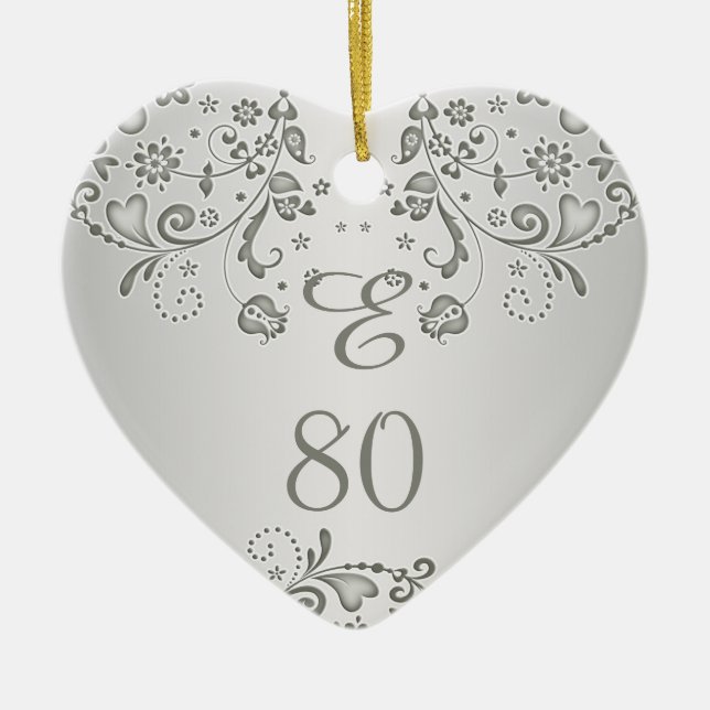 Silver floral swirls 80th Birthday heart Ornament (Front)