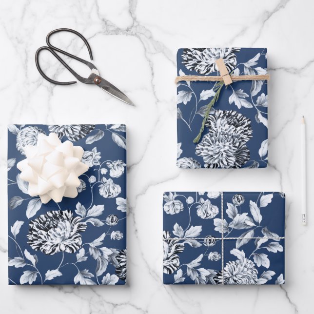 Silver Floral Vine On Navy Blue Wedding Wrapping Paper Sheets (Front)