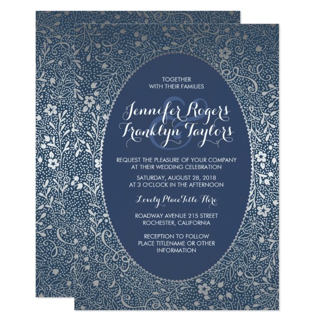 Silver Floral Vintage Navy Wedding Invitations