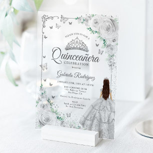 Silver Floral Watercolor Roses Quinceanera Acrylic Invitations
