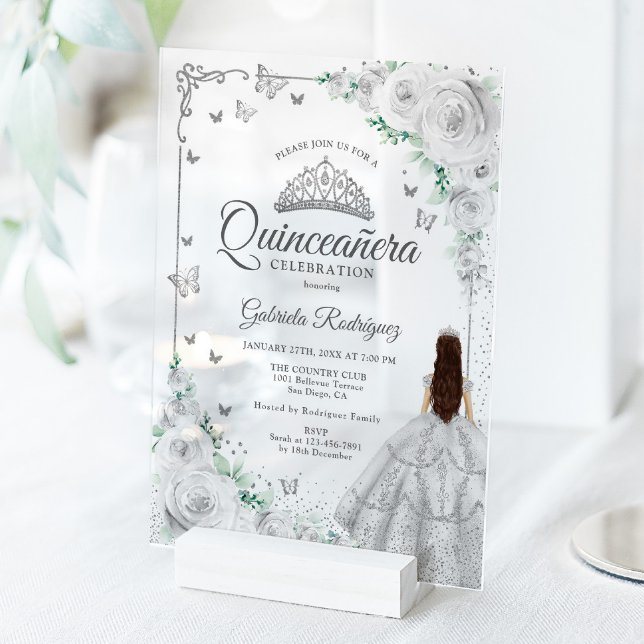 Silver Floral Watercolor Roses Quinceanera Acrylic Invitations (Creator Uploaded)