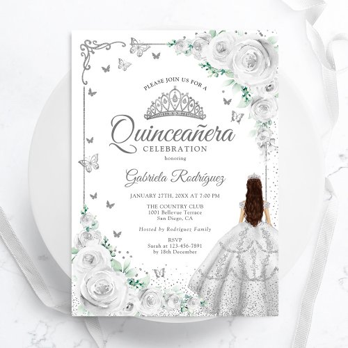 Silver Floral Watercolor Roses Quinceanera Invitation