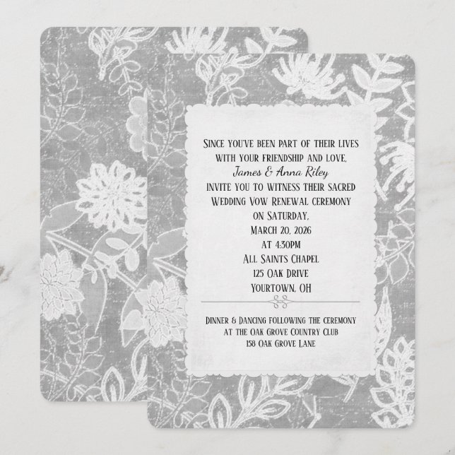 Silver Floral Wedding Vow Renewal Invitation (Front/Back)
