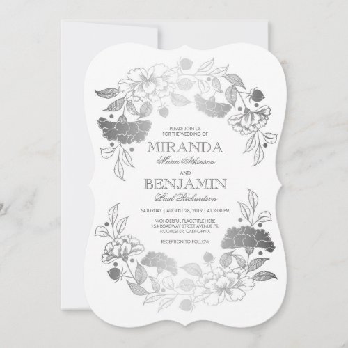 Silver Floral Wreath Elegant and Vintage Wedding Invitation - Floral wreath - silver peonies elegant vintage wedding invitations.  All design elements created by Jinaiji