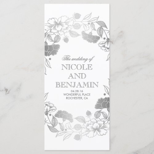 Silver Floral Wreath Garden Wedding Programs - Silver and white elegant wedding programs with peonies wreath