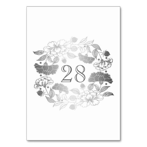 Silver Floral Wreath Peonies Garden Wedding Table Number - Vintage elegant silver and white wedding table number cards with floral wreath