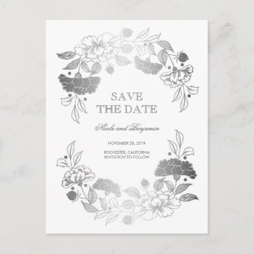 Silver Floral Wreath | Peonies Save the Date Announcement Postcard - Silver and white peonies laurel save the date postcards