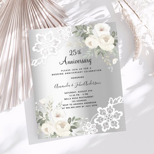 Silver florals 25th wedding anniversary invitation