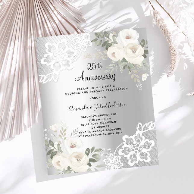 Silver florals 25th wedding anniversary invitation (Creator Uploaded)
