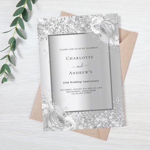 Silver florals 25th wedding anniversary invitation