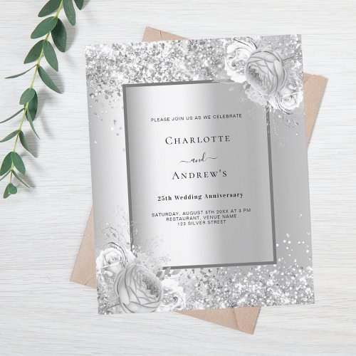 Silver florals 25th wedding anniversary invitation