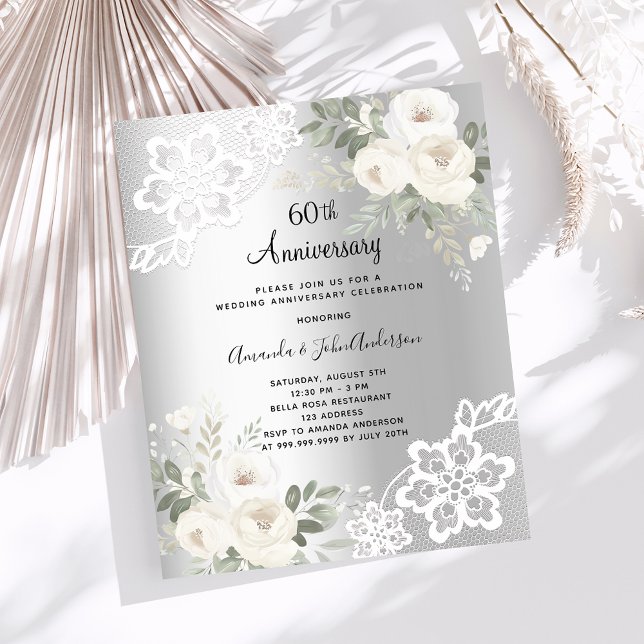 Silver florals 60th wedding anniversary invitation (Creator Uploaded)