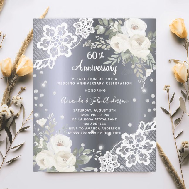 Silver florals 60th wedding anniversary invitation (Creator Uploaded)