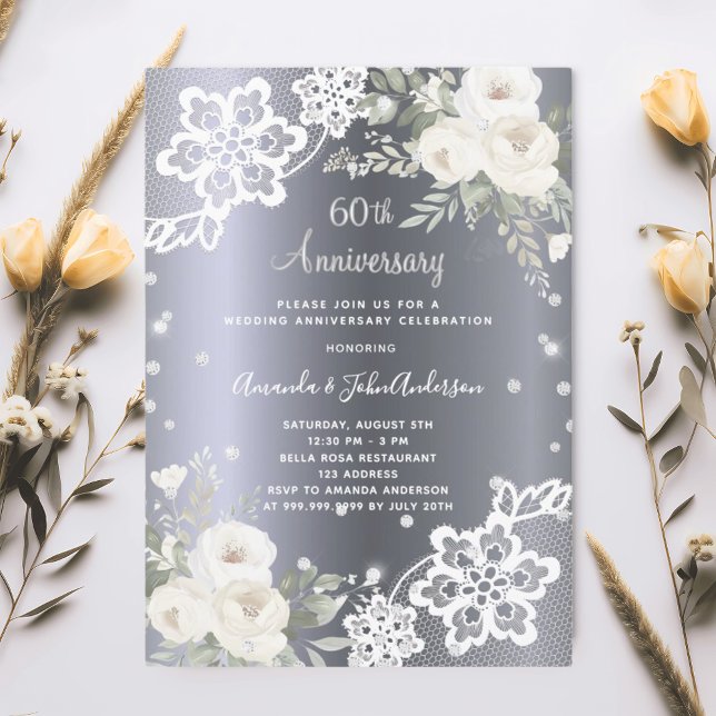 Silver florals 60th wedding anniversary luxury invitation (Creator Uploaded)