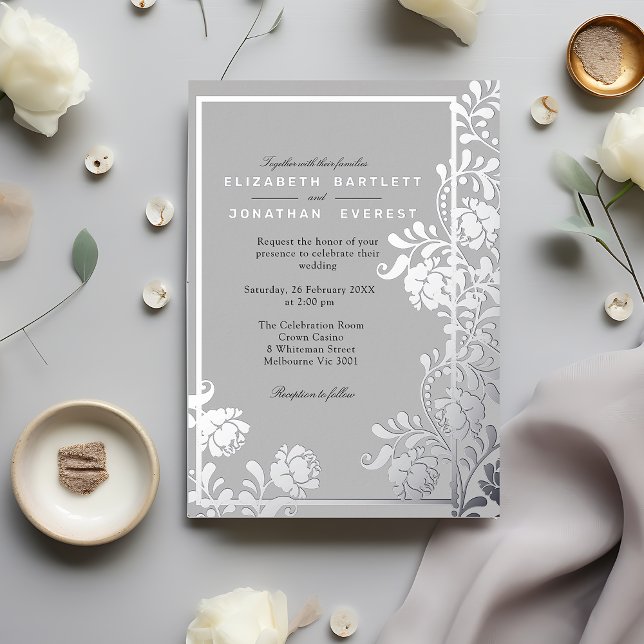 Silver Florals and Elegant Gray Foil Invitation (Creator Uploaded)