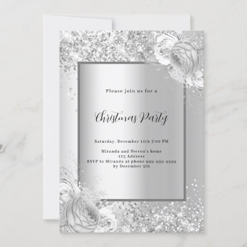 Silver florals Christmas Party Invitation