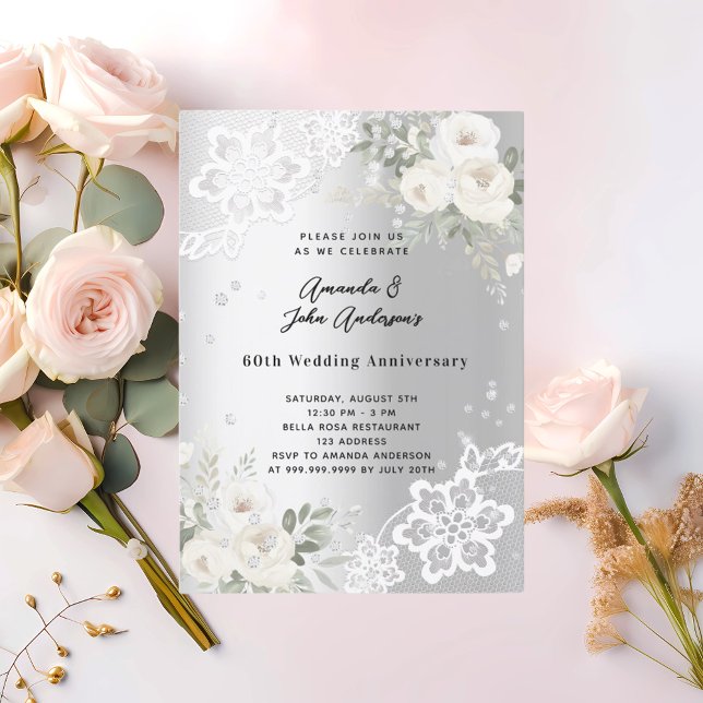 Silver florals diamond 60th wedding anniversary invitation (Creator Uploaded)