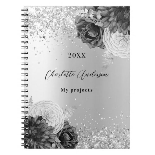 Silver florals elegant glamorous name notebook