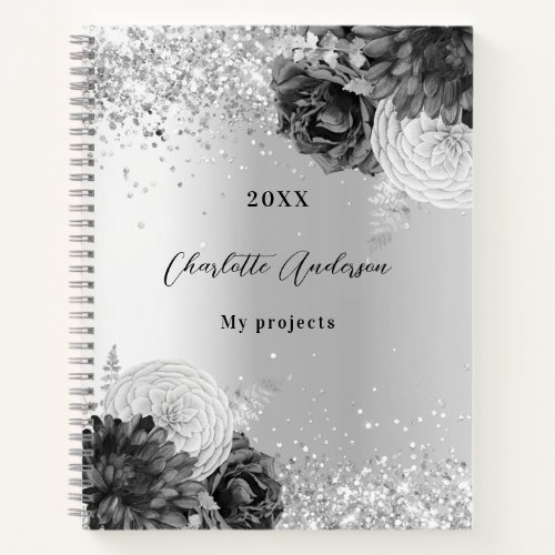 Silver florals elegant glamorous name notebook