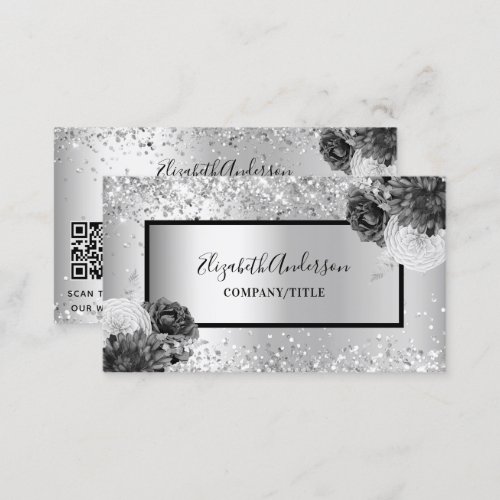 Silver florals elegant glamorous QR code Business Card