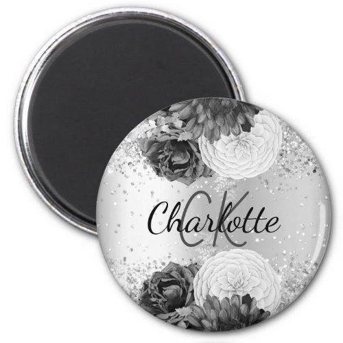 Silver florals elegant monogram name magnet