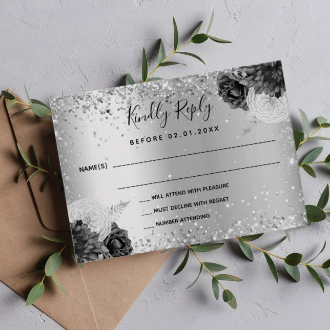 Silver florals glitter monochrome wedding RSVP Note Card (Creator Uploaded)