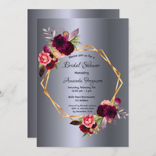 Silver florals gold burgundy bridal shower invitation