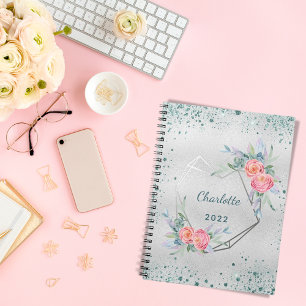 Silver florals green glitter sparkles name notebook