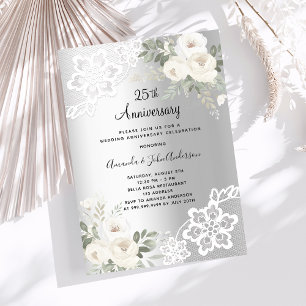 Silver florals luxury 25th wedding anniversary invitation