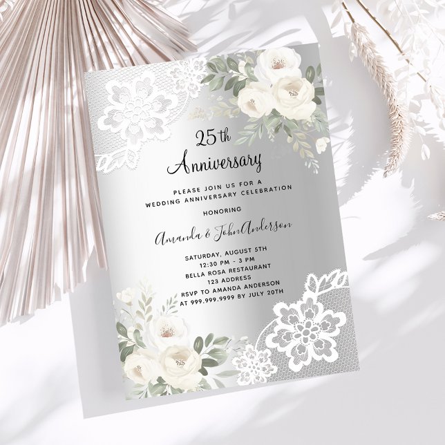 Silver florals luxury 25th wedding anniversary invitation (Creator Uploaded)