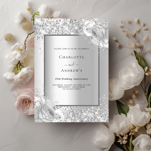 Silver florals luxury 25th wedding anniversary invitation (Creator Uploaded)