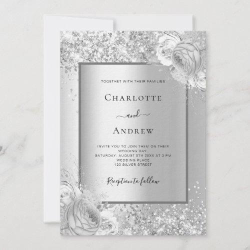 Silver florals monochrome luxury wedding invitation