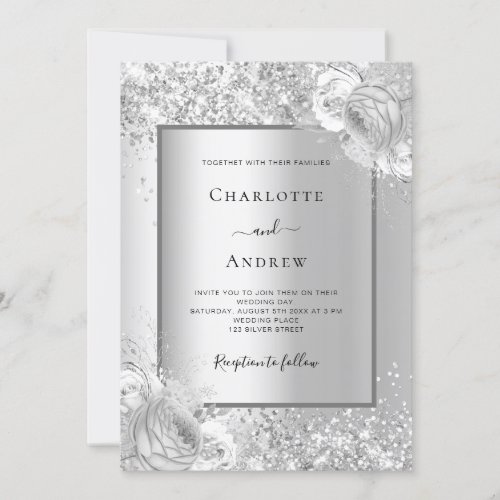 Silver florals monochrome wedding invitation