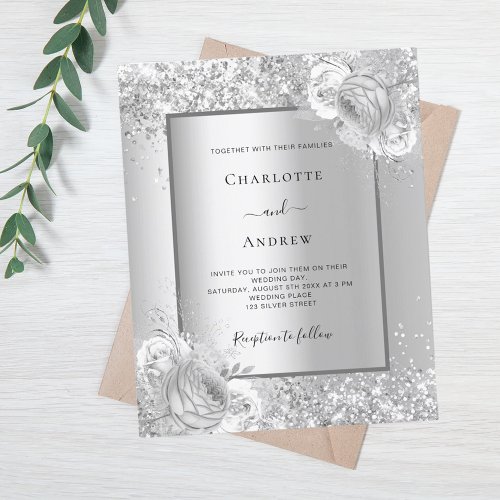 Silver florals monochrome wedding invitation