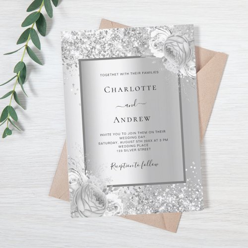 Silver florals monochrome wedding invitation