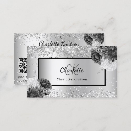 Silver florals monogram glamorous QR code Business Card