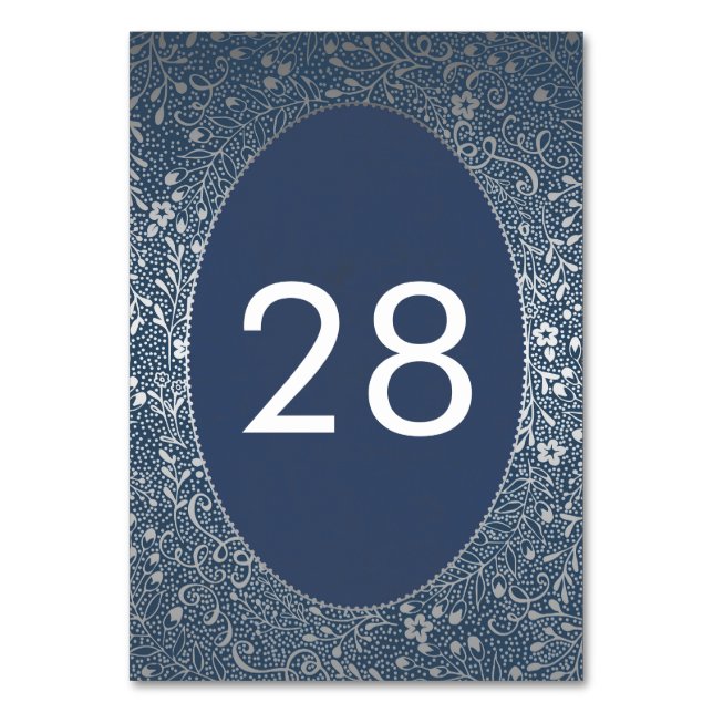 Silver Florals Navy Elegant Wedding Table Number (Front)