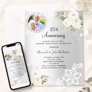 Silver florals photo 25th wedding anniversary invitation
