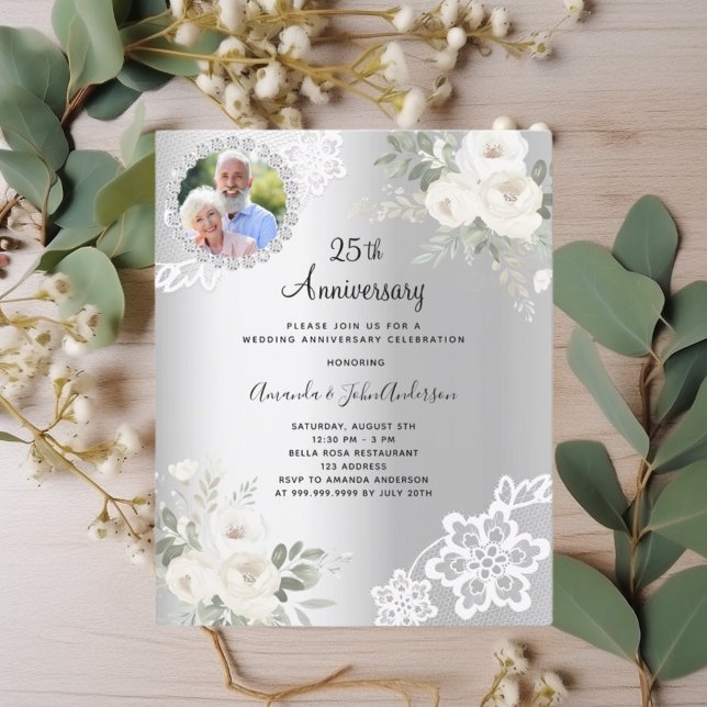 Silver florals photo 25th wedding invitation (Creator Uploaded)
