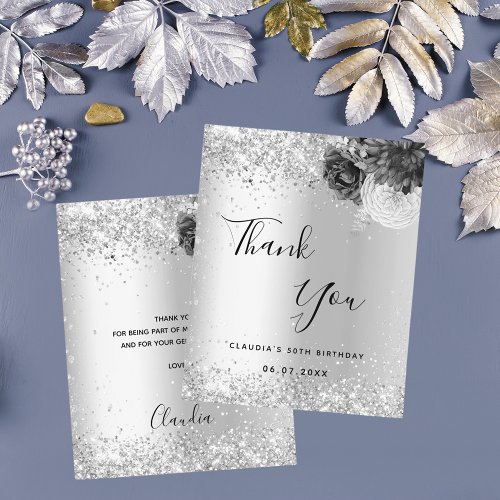 Silver florals sparkle elegant thank you card